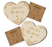 GEBETTER Quieres Ser Mi Madrina/Padrino, 2 Placas Corazón Madera + 2 Sobres, Regalo Bautizo Bebé Original Tarjetas Sorpresa Recuerdo Detalle Baby Shower Anuncio Embarazo Boda