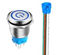 Gebildet 1pieza 19mm Interruptor de Botón Pulsador de Enclavamiento de Acero Inoxidable 12V-24V 5A Símbolo de Energía LED SPDT Nterruptor de Palanca Impermeable con Enchufe de Cable (LED Azul)