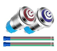 Gebildet 2pcs 12mm 12V-24V 3A Interruptor de Botón de Bloqueo Acero Inoxidable Impermeable Plana Top, Normalmente Abierto SPST ON/Off Pulsador con Enchufe de Cable(Azul+Rojo,Cabeza Alta)