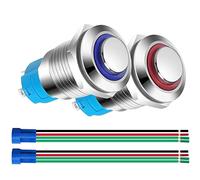 Gebildet 2pcs 12mm 12V-24V 3A Momentáneo Pulsador de Botón Acero Inoxidable,Impermeable ON/Off Normalmente Abierto SPST Pulsador con Enchufe de Cable(Azul+Rojo,Cabeza Alta)