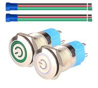 Gebildet 2pcs 12mm Interruptor de Botón de Bloqueo Acero Inoxidable Impermeable Plana Top,Normalmente Abierto SPST ON/Off 12V-24V 3A Pulsador con Enchufe de Cable(Blanco+Verde)