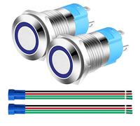 Gebildet 2pcs 12mm Momentáneo Pulsador de Botón Acero Inoxidable, Impermeable ON/OFF 12V-24V 3A Normalmente Abierto SPST Pulsador con Enchufe de Cable(LED Azul)