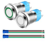 Gebildet 2pcs 12mm Momentáneo Pulsador de Botón Acero Inoxidable,Impermeable ON/Off 12V-24V 3A Normalmente Abierto SPST Pulsador con Enchufe de Cable(Blanco+Verde)