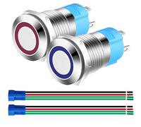 Gebildet 2pcs 12mm Momentáneo Pulsador de Botón Acero Inoxidable,Impermeable ON/Off 12V-24V 3A Normalmente Abierto SPST Pulsador con Enchufe de Cable(Azul+Rojo)