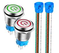 Gebildet 2pcs 19mm Enclavamiento Pulsador de Botón Metálico, No-Momentáneo Interruptores Acero Inoxidable Impermeable Plana Top ON/Off 12V-24V 5A Pulsador con Enchufe de Cable(LED Rojo + Verde)