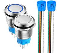 Gebildet 2pcs 19mm Momentáneo Pulsador de Botón Acero Inoxidable, Impermeable ON/OFF 12V-24V 5A LED 1NO1NC SPDT Temporal Botón con Enchufe de Cable(LED Azul + Blanco)