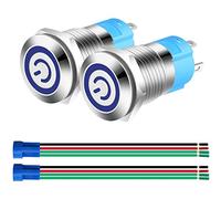 Gebildet 2Piezas 12mm Enclavamiento Pulsador de Botón Interruptores Acero Inoxidable Impermeable Plana Top, Normalmente Abierto SPST ON/Off 12V-24V 3A Pulsador con Enchufe de Cable(LED Azul)