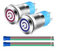 Gebildet 2Piezas 12mm Interruptor de Botón de Bloqueo Acero Inoxidable Impermeable Plana Top, Normalmente Abierto SPST ON/Off 12V-24V 3A Pulsador con Enchufe de Cable(Azul+Rojo)