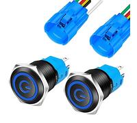 Gebildet 2piezas 16mm Metal Negro Enganche Botón Interruptor 12V-24V 3A Símbolo de Alimentación LED 1NO1NC SPDT Encendido/Apagado Interruptor de Palanca Impermeable con Enchufe de Cable (LED Azul)