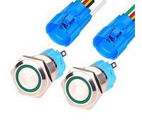 Gebildet 2Piezas 16mm Momentáneo Pulsador de Botón Acero Inoxidable, Impermeable ON/Off 12V-24V 5A LED 1NO1NC SPDT Botón con Enchufe de Cable(LED Verde)