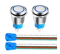Gebildet 2piezas 16mm Momentáneo Pulsador de Botón Acero Inoxidable, Impermeable ON/OFF 12V-24V 5A LED 1NO1NC SPDT Pulsador con Enchufe de Cable(LED Azul)
