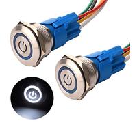Gebildet 2Piezas 22mm Enclavamiento Pulsador de Botón Metálico Interruptores Acero Inoxidable Impermeable Plana Top ON/Off 12V-24V 5A Pulsador con Enchufe de Cable(LED Blanco)