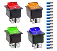 Gebildet 4Pcs Interruptor Basculante Luz Iluminado Rojo/Azul/Amarillo/Verde Boton Interruptor Rocker KCD4, 4Pines DPST Interruptores Basculantes con 16Pcs Terminal 16A/250V 20A/125V