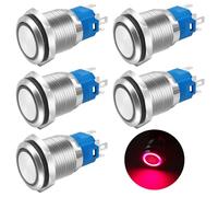 Gebildet 5 Unidades Pulsadores Metálicos con LED Rojo de 16mm, Resistentes al Agua, 12V-24V/5A, 1 NA, 1 NC, Encendido/Apagado, para Orificio de Montaje de 5/8"