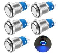 Gebildet 5 Unidades Pulsadores Metálicos de 16mm con LED Azul, Resistentes al Agua, 12V-24V/5A, 1 NA, 1 NC, Encendido/Apagado, para Orificio de Montaje de 5/8"