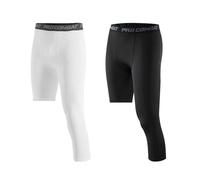 GEBIN Pack de 2 Pantalones de Compresión para Hombre, Mallas Deporte 3/4 de Una Pierna, Tejido de Secado Rápido, Ideales para Running, Fitness, Yoga y Gym (White+Black (Left 3/4),L)