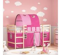 Gecheer Estructura de cama, altillo, castillo, para niños, de madera de pino, con túnel y cortinas, natural y rosa, 90 x 190 cm, cama alta de madera, para dormitorio, cama con túnel