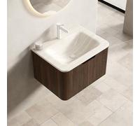 Gecheer Lavabo de Piedra Sinterizada Travertino Roma con Mueble de Diseño Elegante y Sistema de Cierre LED - Encimera de Madera Maciza Modelo LYKLYD-W3209P333229