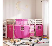Gecheer Litera con Cortinas Madera Maciza de Pino Rosa 90x200 cm,Mueble Cama Individual Doble Dormitorio Escalera Barandillas Protección Juvenil Niños Infantiles Litera para niños