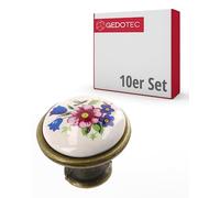 Gedotec botones para muebles | porcelana y metal | Ø 26,5 mm I 10 piezas | pomo para armarios - latón antiguo flor con material de fijación I OLGA I botones para gabinetes de cocina