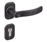 GedoTec Herraje puerta Juego de manillas Pomo puerta Tirador de puerta a Rosetón Modelo DORELLA 303 Antiguo Hierro forjado sin Resorte de retorno PZ Cilindro perfil negro antiguo galvanizado - Seefeld