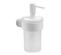 Gedy PIRENEI Dispensador de jabón baño Pared, Blanco Mate, Latón, Cristal y plástico, Capacidad de 140ml, 6,9 x 10,5 x 15,1