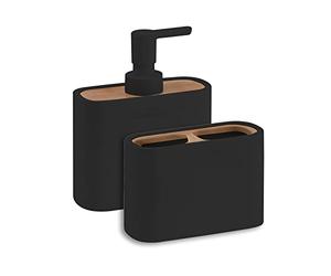 GEDY | Set Melbourne 2 Piezas, 1 Dispensador de Jabón y 1 Porta Cepillador, Serie Hecho de Resina y Bambú con Acabados Negros