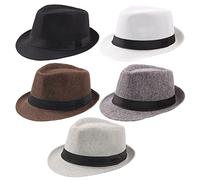 Geebuzz Paquete de 5 sombreros Fedora de ala corta para hombres y mujeres, sombrero clásico de verano para playa, Paquete de 5-negro+blanco+café+gris oscuro+ gris claro, L