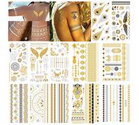 Geeignet Für Körperkunst Für Kinder Und Erwachsene - 12 hojas de tatuajes de metal para tatuajes efímeros metálicos, pegatinas de tatuaje efímero dorado