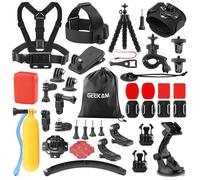 GeeKam 38-en-1 Accesorios Camara Deportiva para GoPro, AKASO, dji, Insta360 | Casco/pecho/cabeza/muñeca/manillar/ventosa + asa flotante para deportes y sub. Instalación sencilla, material duradero