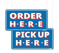 GEEKBEAR Letreros con texto en inglés "Order Here Pick Up Here", paquete de 2 (azul)