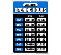 GEEKBEAR Señal de horario comercial (Azul) - Señal de hora de apertura - Señal de horario de tienda - Señal de horario de operación para negocios - Señal abierta con horas
