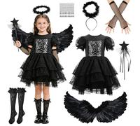 GEEKEO Disfraz Ángel Diablesa para Niña 3-9 Años, Disfraz Carnaval Niña Vestido Negro con Alas ángel, Halo y Varita Mágica Halloween, Cumpleaños y Navidad (M(5-7 Años))