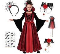 GEEKEO Disfraz Carnaval Vampiro Niña, Disfraz de Reina Disfraces Carnaval Niña Niño, Vampiro Vestido Cosplay Traje Vampiresa Dientes con Collar de Vampire para Halloween Carnaval Fiesta Decoracion