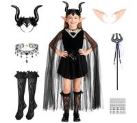 GEEKEO Disfraz de Halloween Niña, 7piezas Disfraz Malefica Niña Vestido con Capa Tocado de Cuernos y Collar Vestido de Reina Malvada para Halloween Carnaval Fiesta de Cosplay (6-7 años)