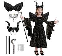 GEEKEO Disfraz Malefica Niña, Bruja Halloween Costume para Niños, 6pcs Vestido de Malvada con Tocado de Cuernos, Alas Negro, Collar, Cetro de Serpiente para Halloween Carnaval Cosplay Fiesta