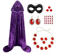 GEEKEO Disfraz Mujer Carnaval, Disfraces Devil Adultos Capa Púrpura con Capucha Cinturón y Pendientes de Rubí, Máscara de Ojos Negra para Fiesta Carnaval Halloween Mascarada