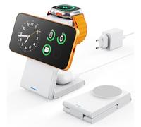 GEEKERA Base de carga 3 en 1 para Apple, estación de carga plegable Mag Safe para Apple Watch y iPhone, cargador inductivo, compatible con iPhone Air/17/16/15/14/13/12, Apple Watch 11-2, blanco-gris