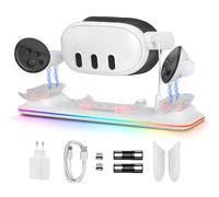 GEEKERA Base de Carga Compatible con Meta Quest 3: Estación de Carga Magnética para Casco y Mandos, con Adaptador de 18 W, 2 Baterías Recargables y Luces RGB, Accesorios VR para Jugadores