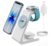 GEEKERA Cargador Inalámbrico 3 en 1 Certificado, Estación de Carga Rápida 15W Compatible con iPhone Air/17/16/15/14/13/12, Base Cargador para Apple Watch 11-2 y AirPods, Blanco Gris