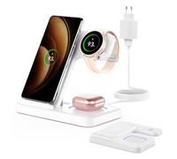 GEEKERA Cargador Inalámbrico Plegable para Samsung, Estacion de Carga 3 en 1 para Samsung S25/S24/S23/S22/S21/Z Flip/Fold, Base Carga para Galaxy Watch, Carregador sem fios para Galaxy Buds-Blanco