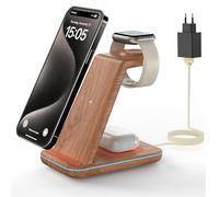 GEEKERA Estacion de Carga para Apple, Cargador Inalambrico 3 en 1 para iPhone Air/17/16/15/14/13/12/11/X/8, Base Cargador para Apple Watch Ultra/11-2/SE, Carregador sem fios para AirPods Pro-2, Madera