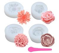 GEEKHOM 4 moldes de silicona con diseño de flores, velas 3D, moldes de silicona, ideales para jabones, velas, resina y decoración de repostería, juego de bricolaje con espátula de silicona