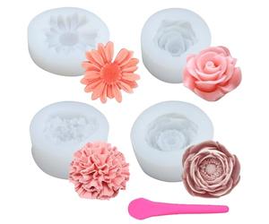 GEEKHOM 4 moldes de silicona con diseño de flores, velas 3D, moldes de silicona, ideales para jabones, velas, resina y decoración de repostería, juego de bricolaje con espátula de silicona