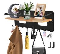 GEEKHOM Organizador de llaves con estante y 8 ganchos - Soporte de madera para llaves montado en pared (taladrar) - Moderno organizador de pared para llaves, incluye 2 ganchos adhesivos para pasillo