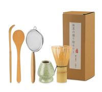 GEEKHOM Té Matcha Kit Set Japonés: 5 Piezas con Batidor de Bambú, Soporte, Cuchara, Colador y Mezclador - Accesorios para Hacer Matcha Latte en Casa u Oficina - Regalo para Principiantes
