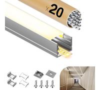 GEEKLUX - Perfil de aluminio para cinta LED, 2 m x 20 piezas (40 m), Canales LED, perfiles de aluminio en forma de U Max tiras LED, 15 mm, tapa blanca, crema para PC, difusor LED, metal, montaje en
