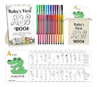 Geelin Páginas para colorear del alfabeto para baby shower, primer libro de abc, letrero de madera, 26 libros para colorear, primer alfabeto, tabla de colores de animales A-Z, 24 bolígrafos de