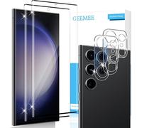 GEEMEE Paquete de 2 + 2 protectores de pantalla para Samsung Galaxy S23 Ultra, protector de pantalla 3D + protector de lente de cámara, dureza 9H, HD, transparente, antiarañazos, sin burbujas