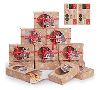 Geepen Paquete de 12 cajas de galletas navideñas de papel kraft marrón con ventana transparente, cajas para pasteles navideños con pegatinas para regalos de fiesta navideña